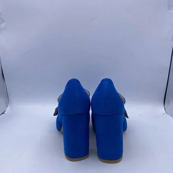 YDN Blue Suede Chunky High Heel Square Toe Loafer Buckle Office Pumps - Picture 6 of 11